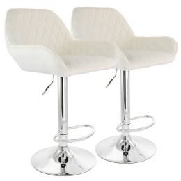 Elama 2 Piece Adjustable Velvet Bar Stools in White with Chrome Base