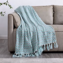 Tassel Thread Blanket Geometry Woven Office Air Conditioner Lunch Break Towel Blanket Shawl Sofa Bedroom Vintage Lattice Splice (Color: Sky Blue)