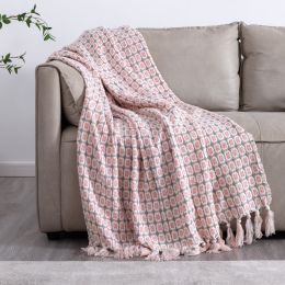 Tassel Thread Blanket Geometry Woven Office Air Conditioner Lunch Break Towel Blanket Shawl Sofa Bedroom Vintage Lattice Splice (Color: Pink)