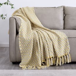 Tassel Thread Blanket Geometry Woven Office Air Conditioner Lunch Break Towel Blanket Shawl Sofa Bedroom Vintage Lattice Splice (Color: Yellow)