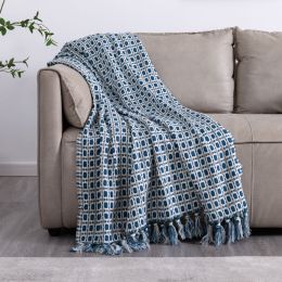 Tassel Thread Blanket Geometry Woven Office Air Conditioner Lunch Break Towel Blanket Shawl Sofa Bedroom Vintage Lattice Splice (Color: Blue)