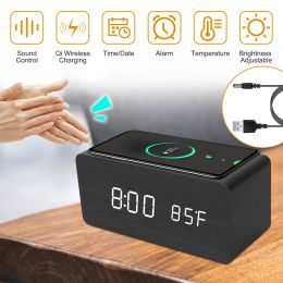 Digital Alarm Clock Qi-Wireless Charger Time Temperature Calendar Display Clock w/ Voice Control Brightness Adjustment (Color: BLACK)